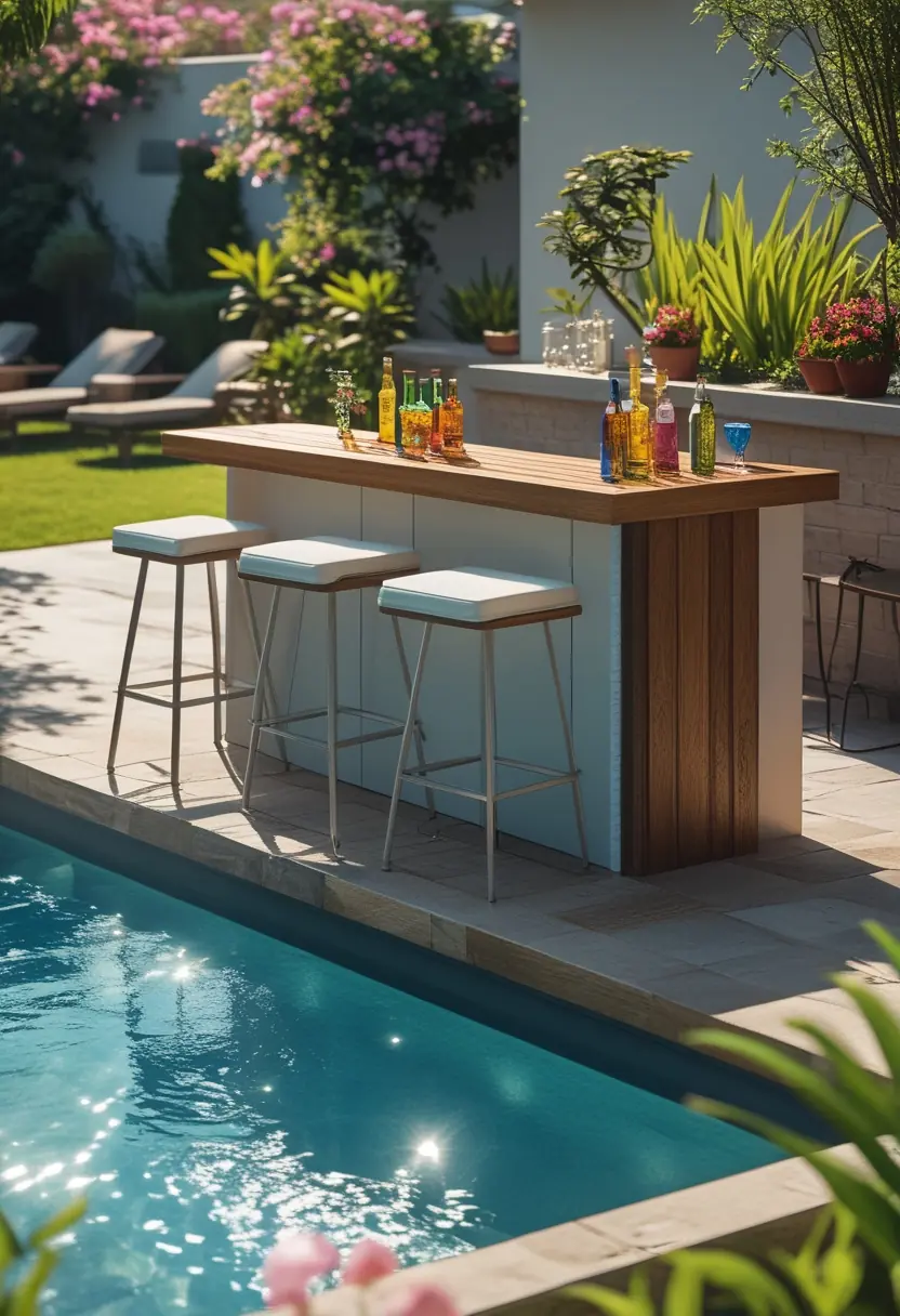 A private bar next to a clear above ground pool in a sunny backyard with plants and lounge chairs.