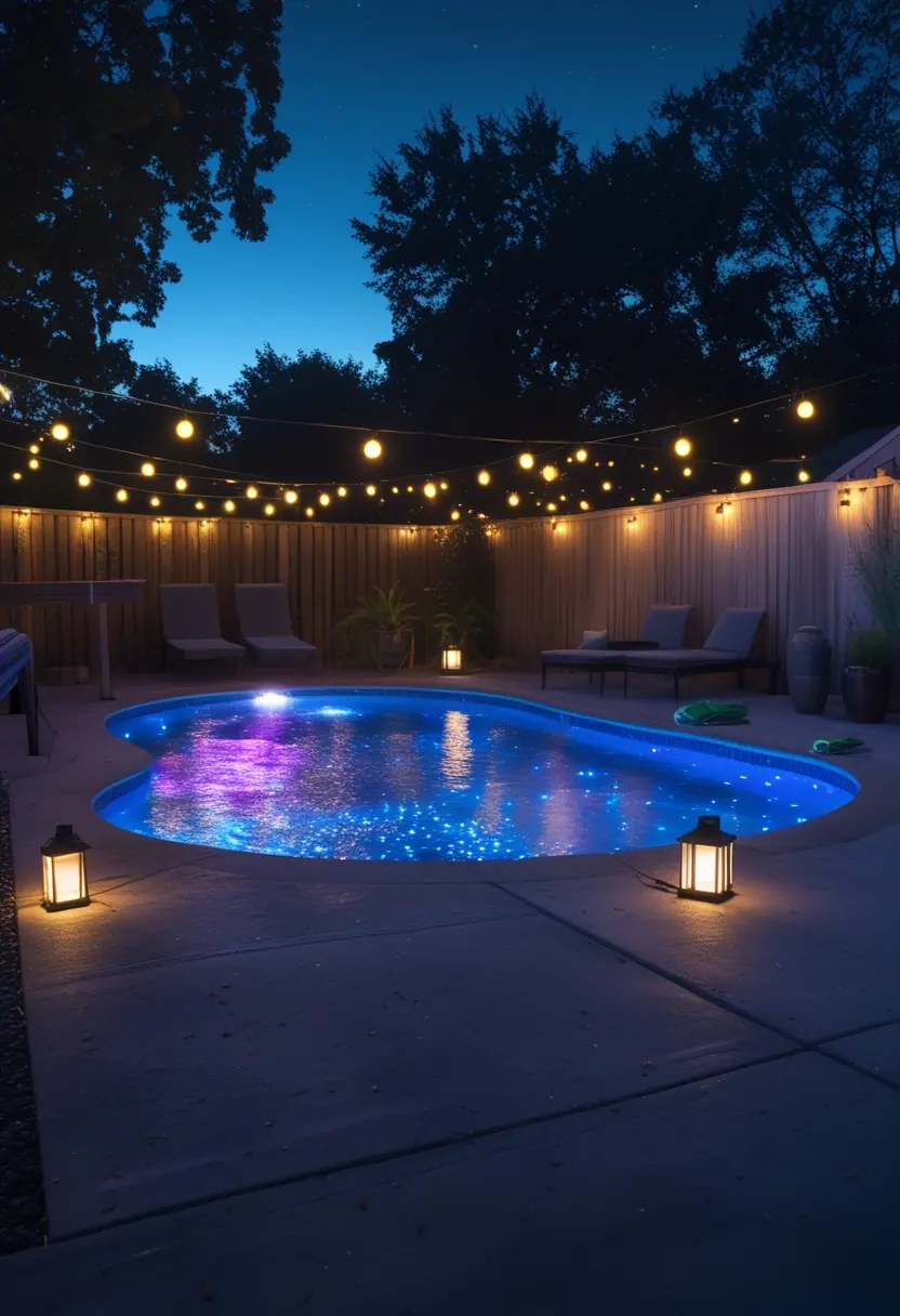 An above ground pool at dusk with colorful underwater lights and string lights illuminating the surrounding pool area and furniture.