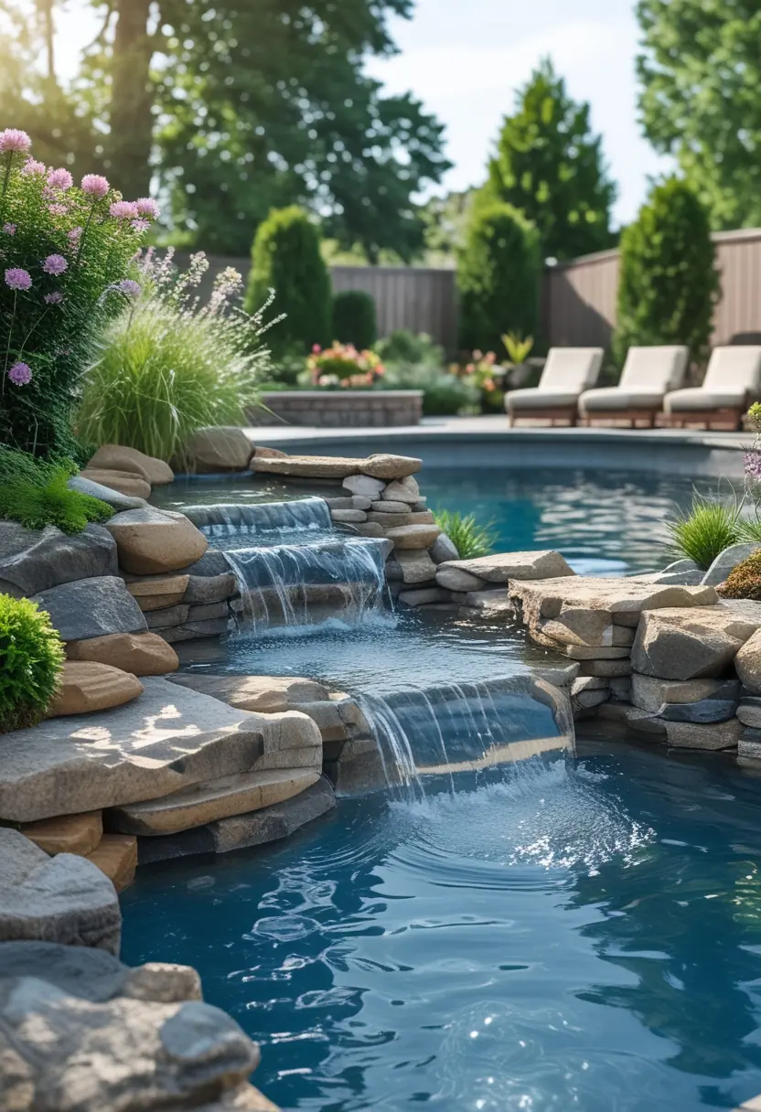 A backyard with a cascading water feature next to an above-ground pool surrounded by plants and rocks.