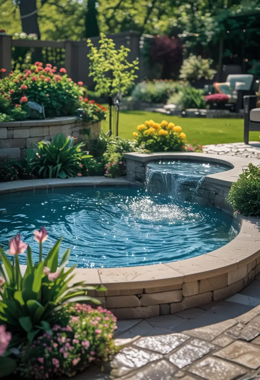 A backyard with an above-ground pool, a water fountain, greenery, flowers, and outdoor seating.