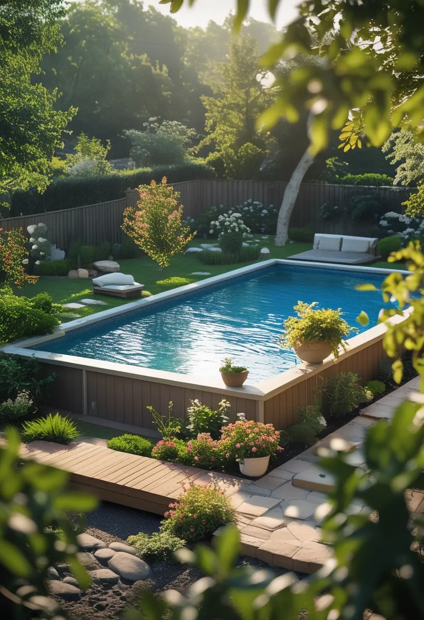 An above-ground swimming pool surrounded by wooden decking, stone pathways, and green plants in a backyard garden.
