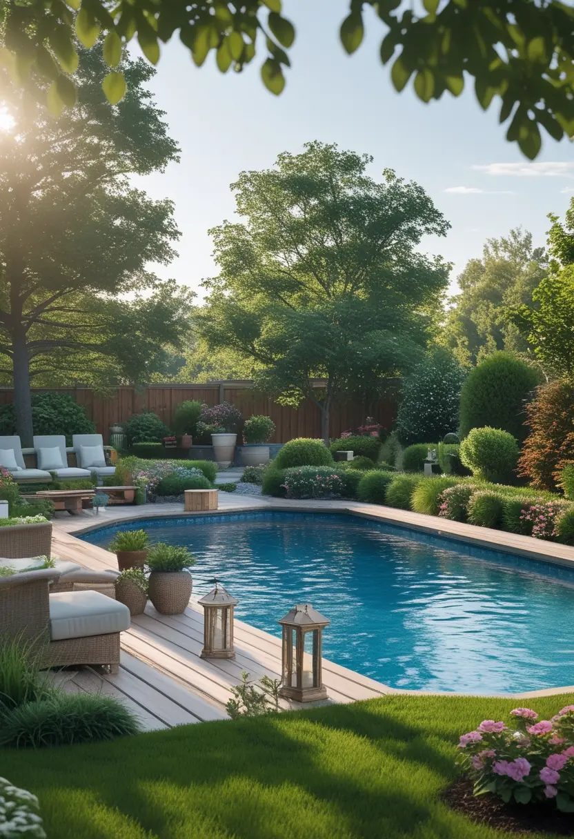 A backyard with an above-ground swimming pool surrounded by plants, a wooden deck with seating, and trees in the background.