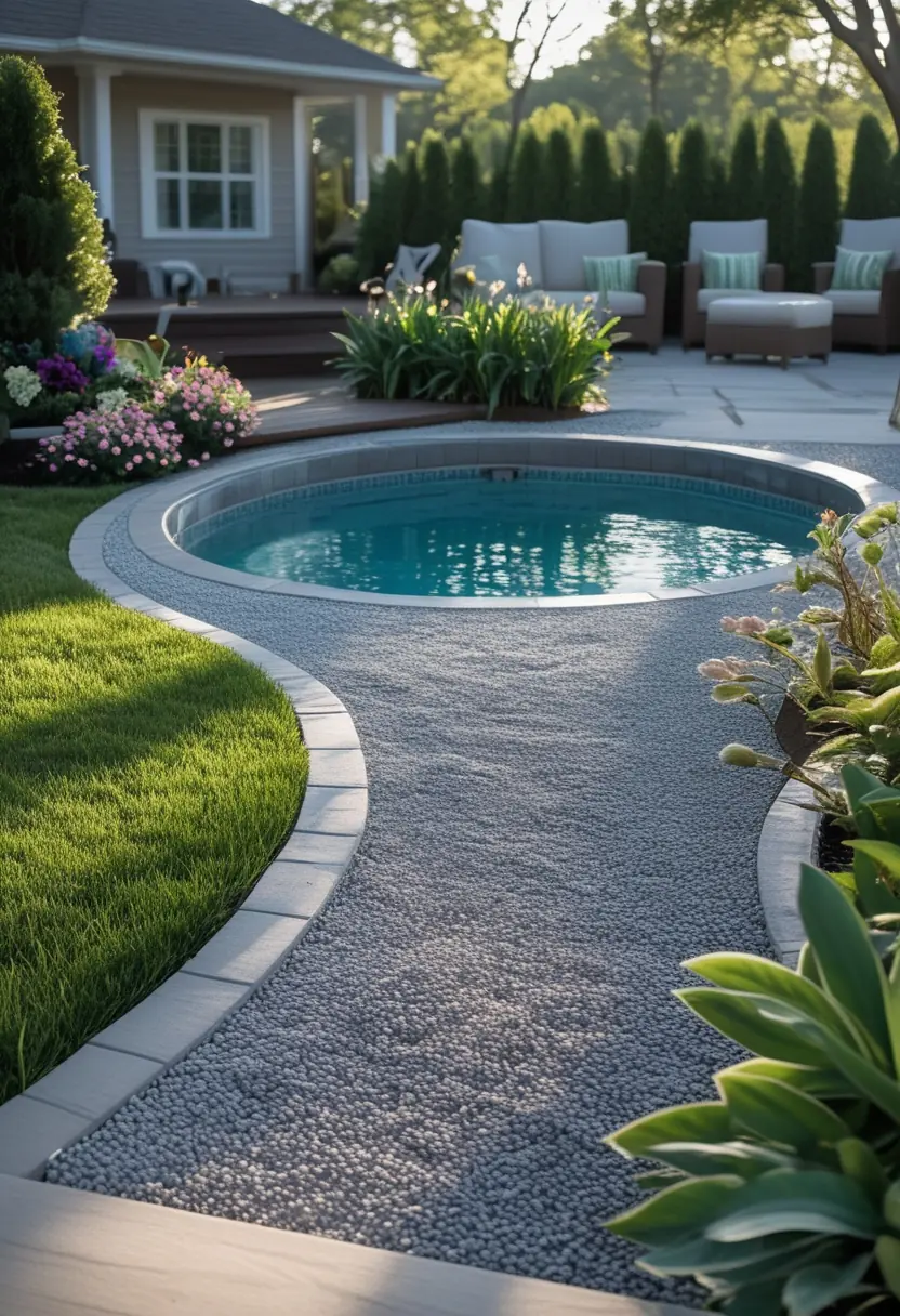 Above-ground swimming pool surrounded by gravel, grass, flowering plants, and outdoor furniture in a backyard.