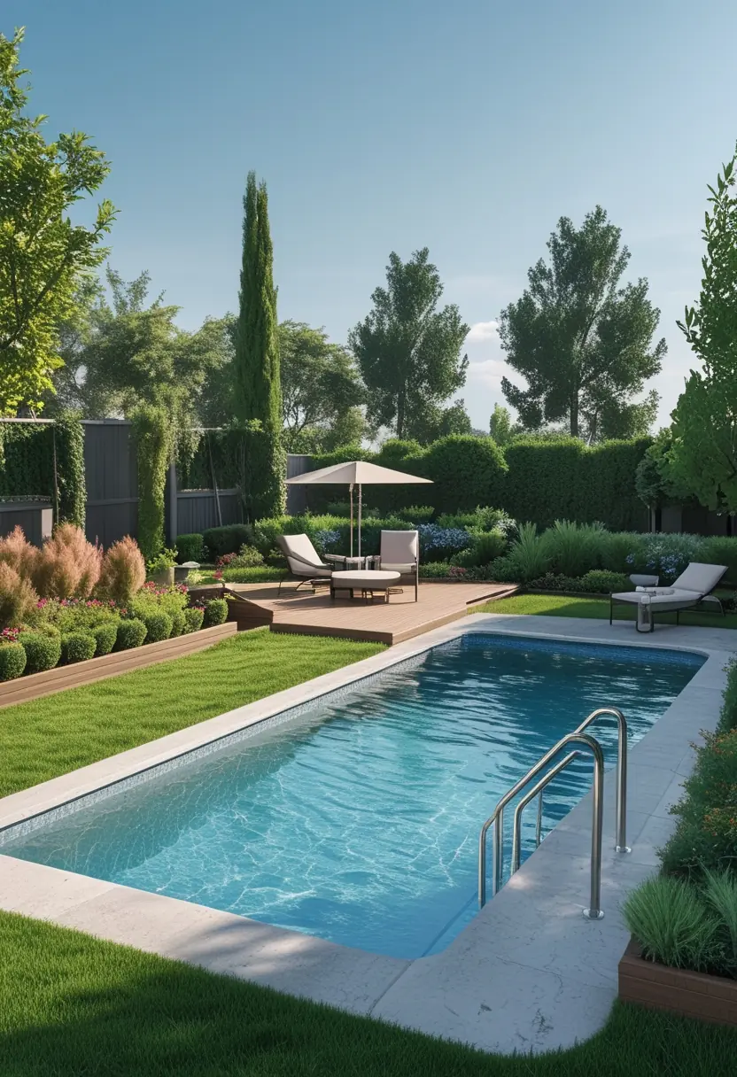 Above-ground pool in a landscaped backyard with green grass, flowering plants, a wooden deck, and outdoor furniture under a clear sky.