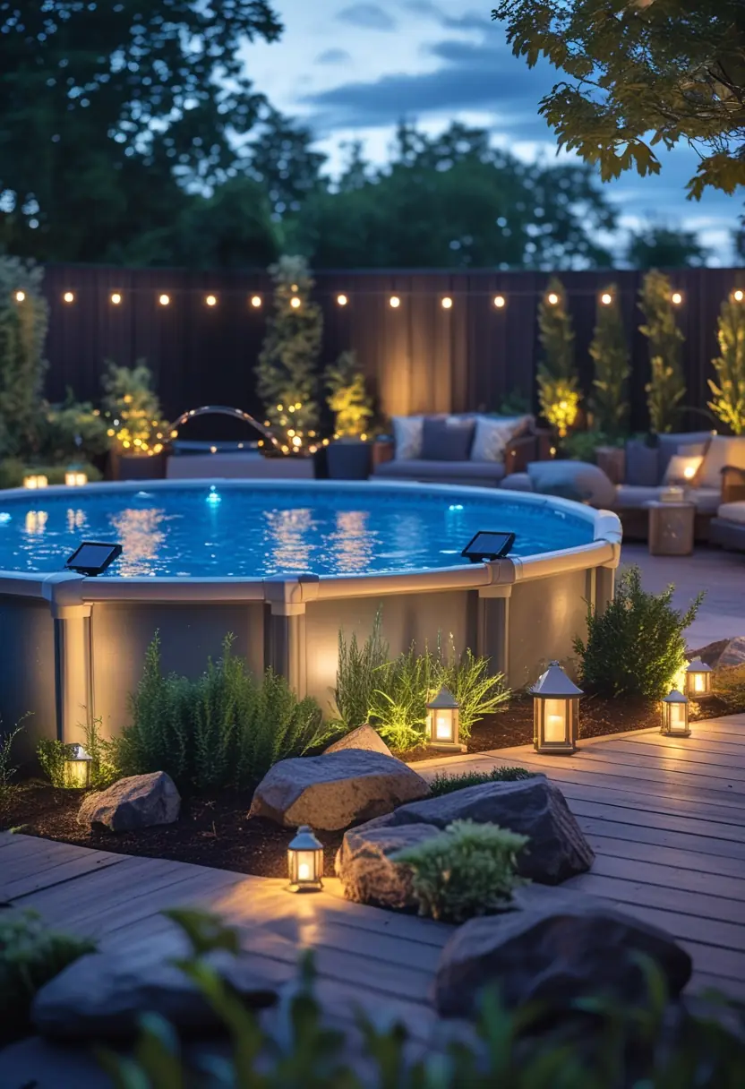 A backyard with an above-ground pool surrounded by plants, wooden decking, and various garden lights glowing at twilight.