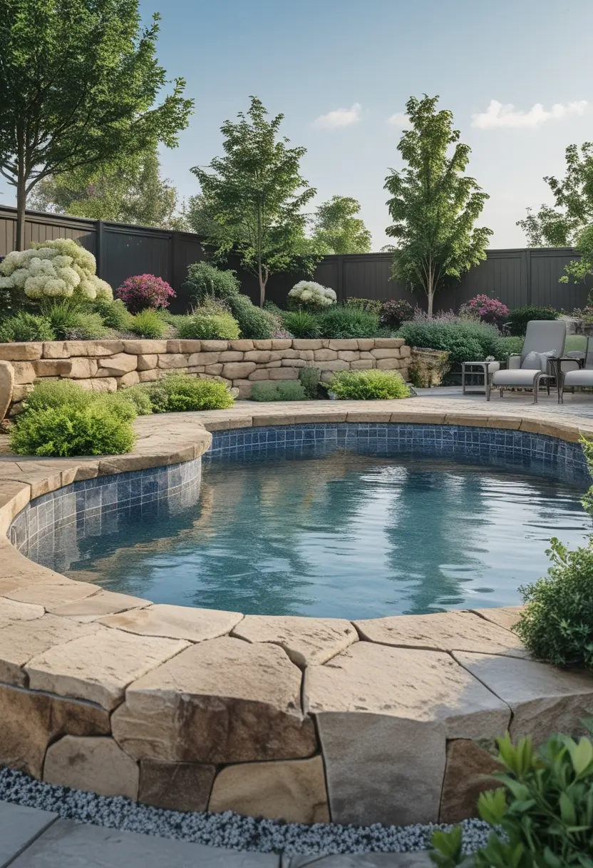 An above-ground pool surrounded by natural stone decking and lush greenery with outdoor furniture nearby.