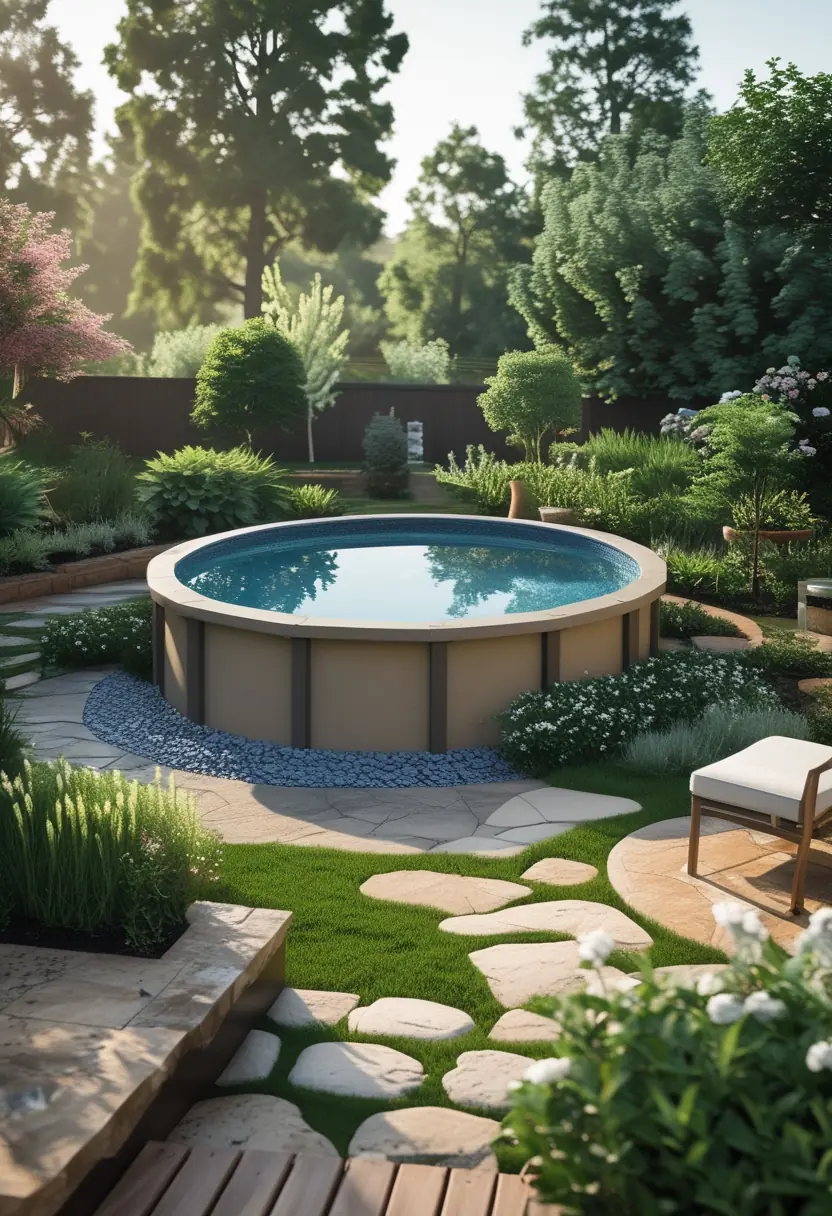 A backyard with an above-ground pool surrounded by plants, trees, stone pathways, and outdoor furniture.