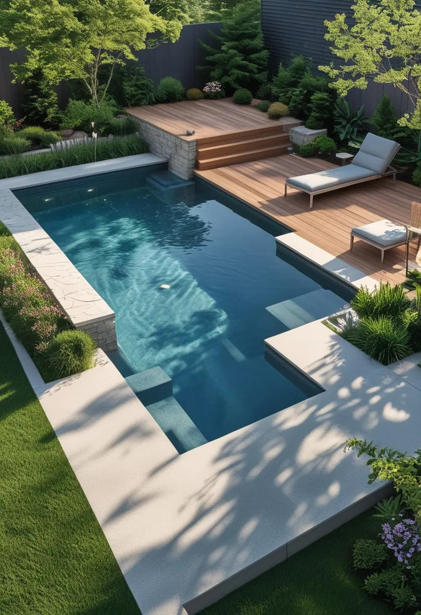 A backyard with an inground swimming pool next to a wooden deck surrounded by green grass, flowering plants, and trees.