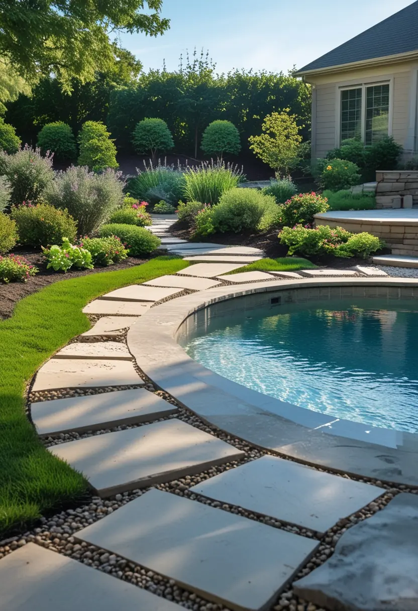 A backyard with an inground pool surrounded by garden edging, stepping stones, green grass, and flowering plants.
