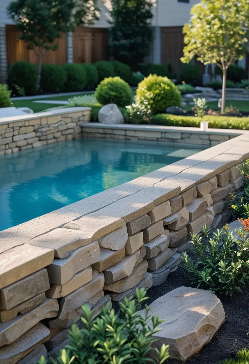 A clear inground swimming pool next to a natural stone fence surrounded by green plants and flowers in a backyard.