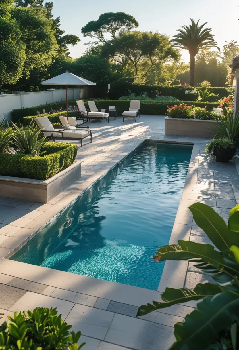 An inground swimming pool with a tiled deck surrounded by outdoor furniture and lush plants.