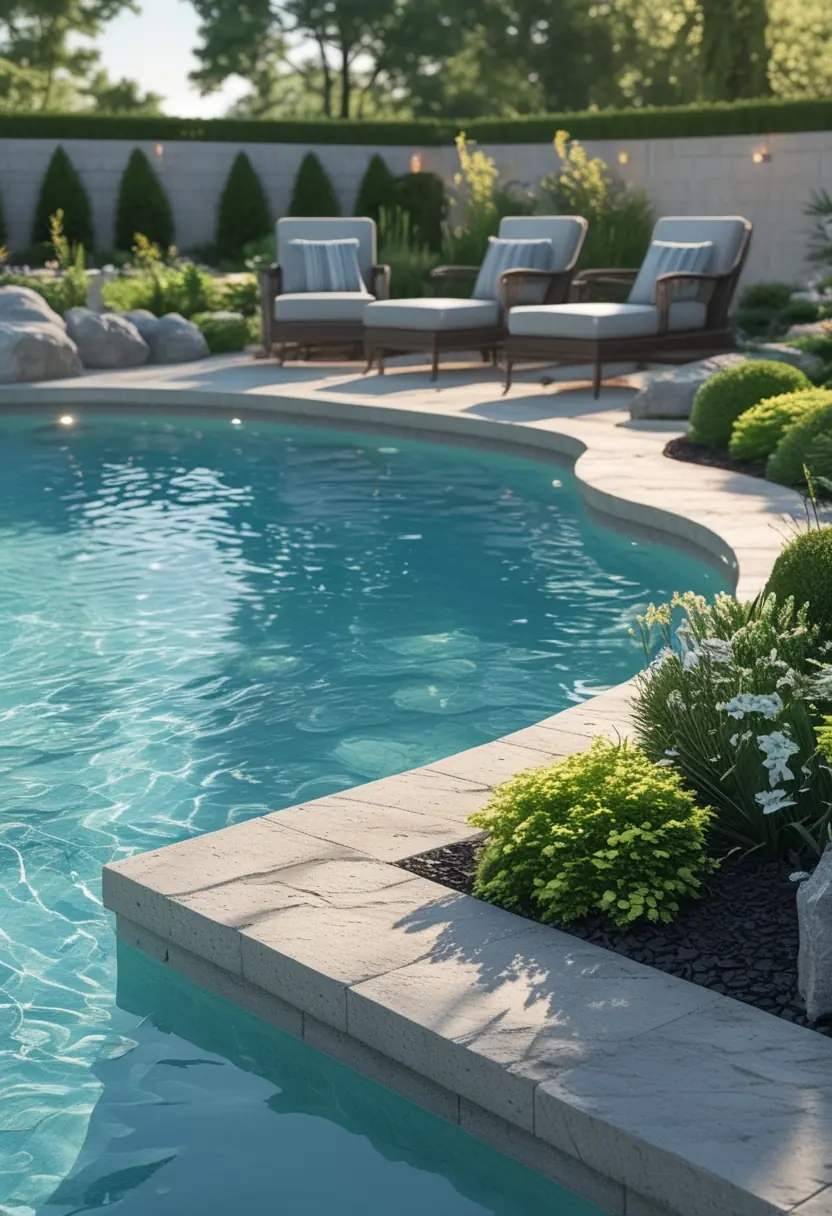 A patio area next to a clear inground swimming pool surrounded by plants and stone pavers.