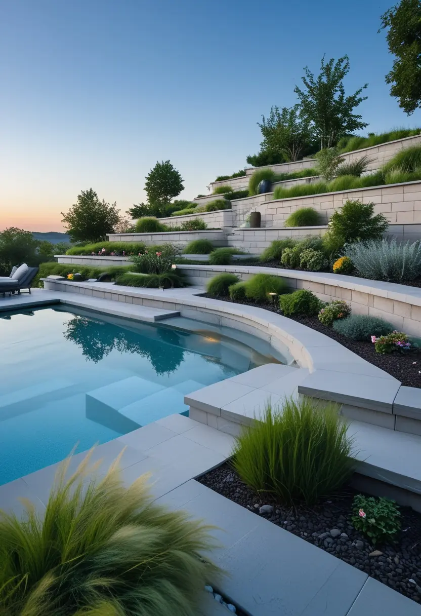 A terraced patio with stone steps and seating next to a clear inground swimming pool surrounded by plants.