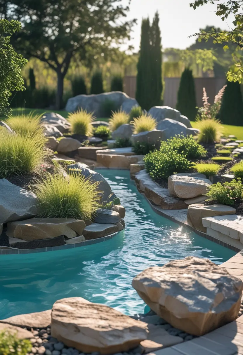 An inground swimming pool surrounded by a rock garden with plants and stone pathways under sunlight.
