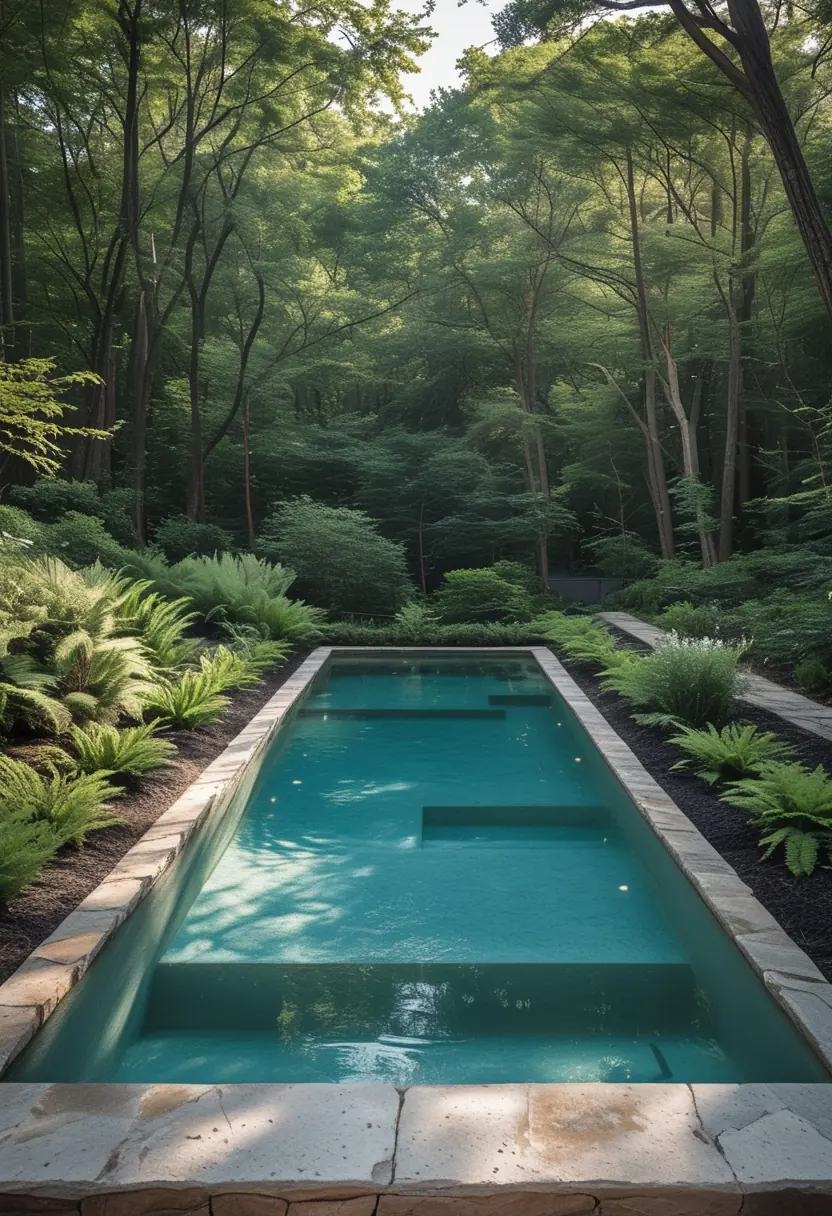An inground swimming pool surrounded by dense green trees and plants in a small forest setting.