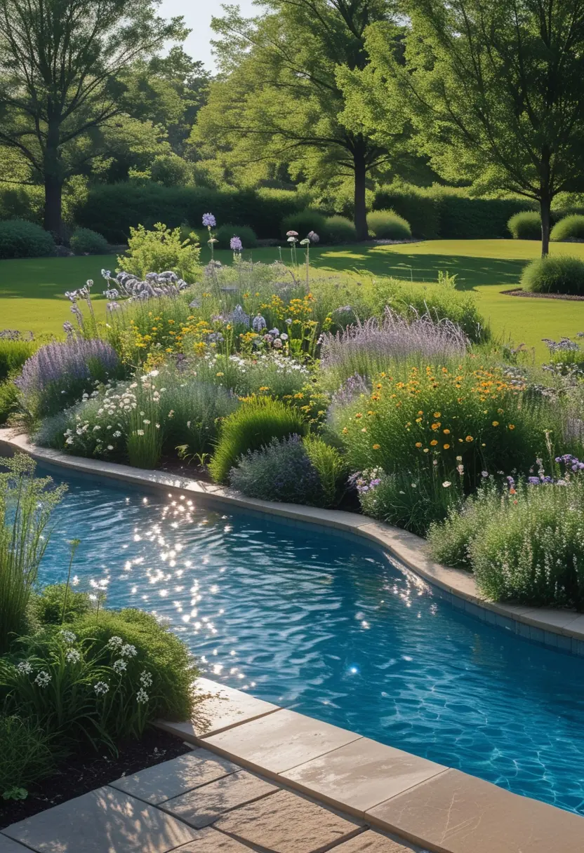 A clear inground swimming pool surrounded by colorful wildflowers, greenery, and stone decking in a landscaped garden.