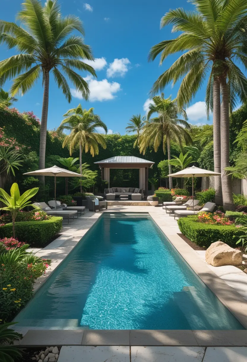A backyard with a large inground swimming pool surrounded by tropical plants, palm trees, and outdoor furniture.