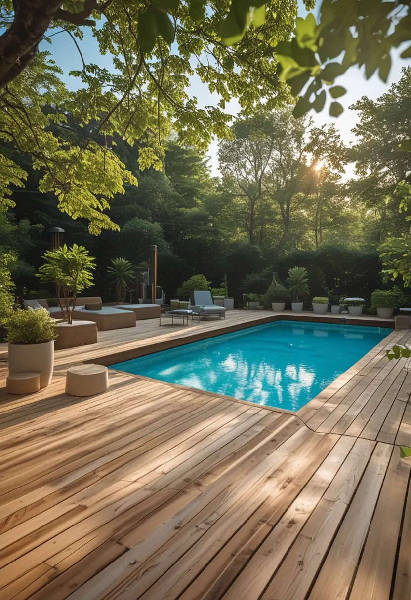 A wooden pool deck surrounded by green plants and trees with lounge chairs beside a clear blue swimming pool.
