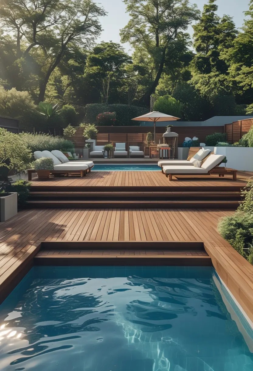 A two-level wooden deck surrounding a swimming pool with outdoor furniture and greenery in the background.