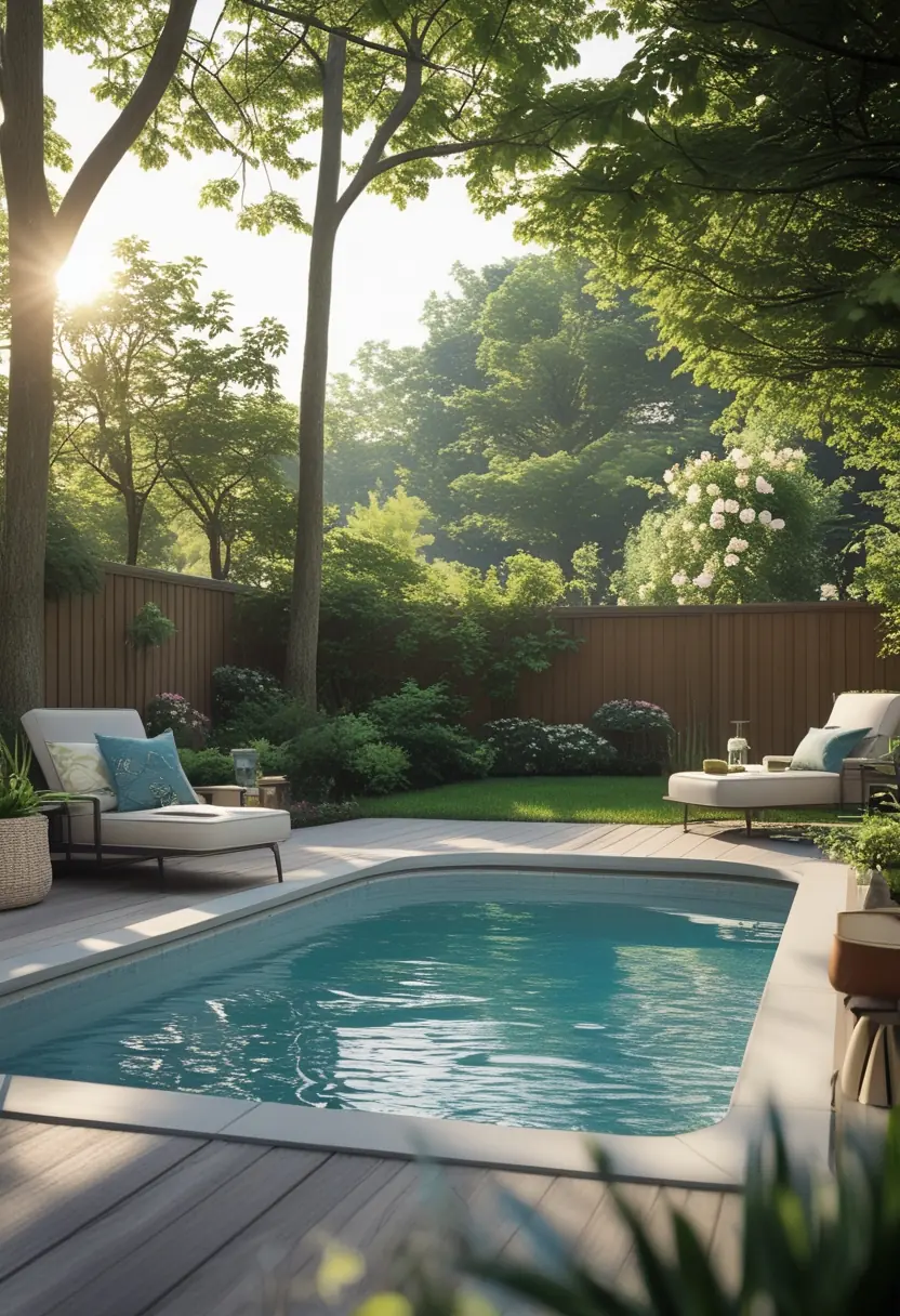 An above ground pool in a backyard surrounded by greenery, lounge chairs, and outdoor decorations under soft sunlight.