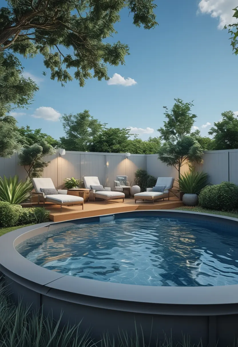 A backyard with a modern above ground pool surrounded by wooden decking, lounge chairs, and green plants under a sunny sky.