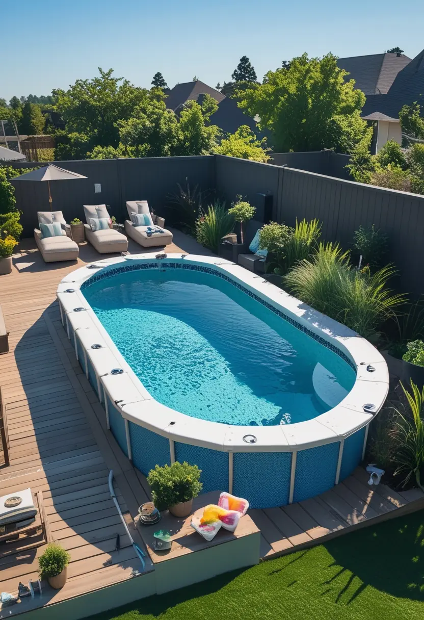 Oval above ground pool in a sunny backyard with wooden deck, lounge chairs, plants, and pool floats.