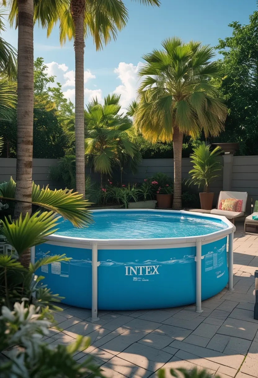 Backyard with an above-ground pool surrounded by tall palm trees and lounge chairs.