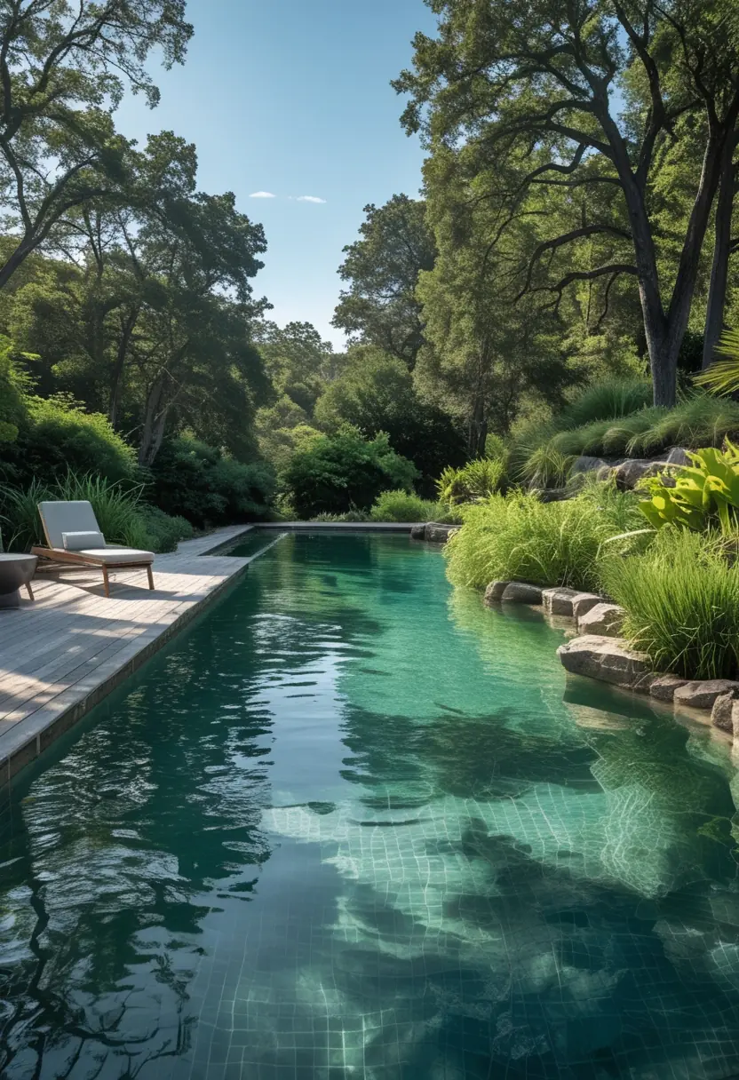 A clear natural swimming pond surrounded by plants, rocks, wooden decking, and lounge chairs in a peaceful outdoor setting.