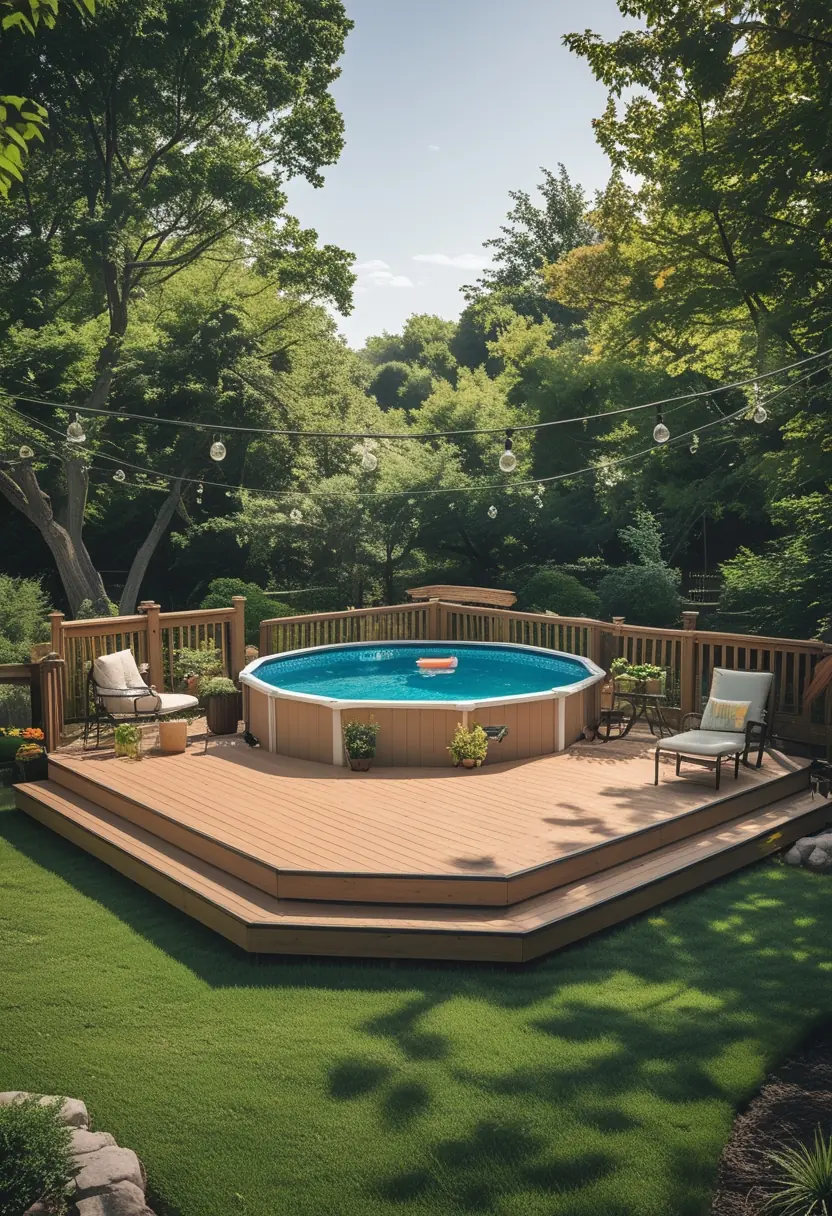 An elevated wooden deck surrounding a round above ground pool with outdoor furniture and greenery in a backyard.