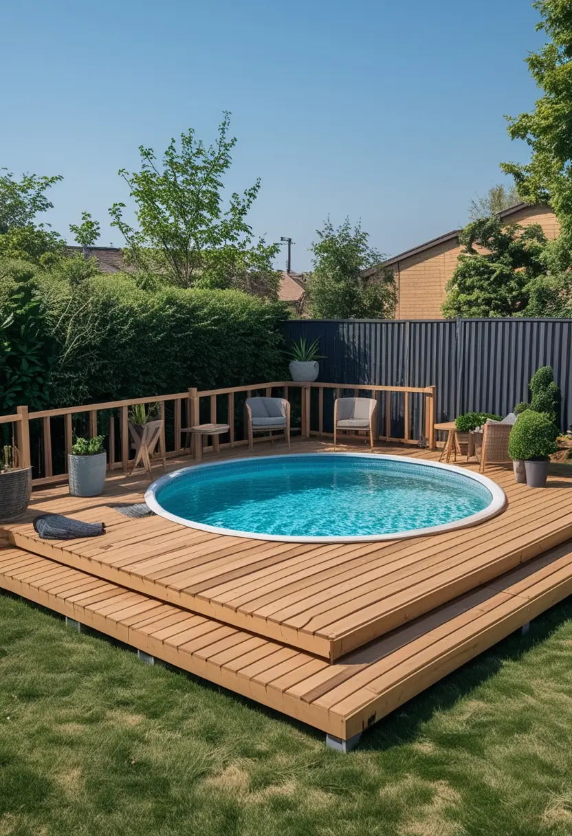 A small wooden deck surrounding a round above ground pool in a backyard with simple outdoor furniture and plants on a sunny day.