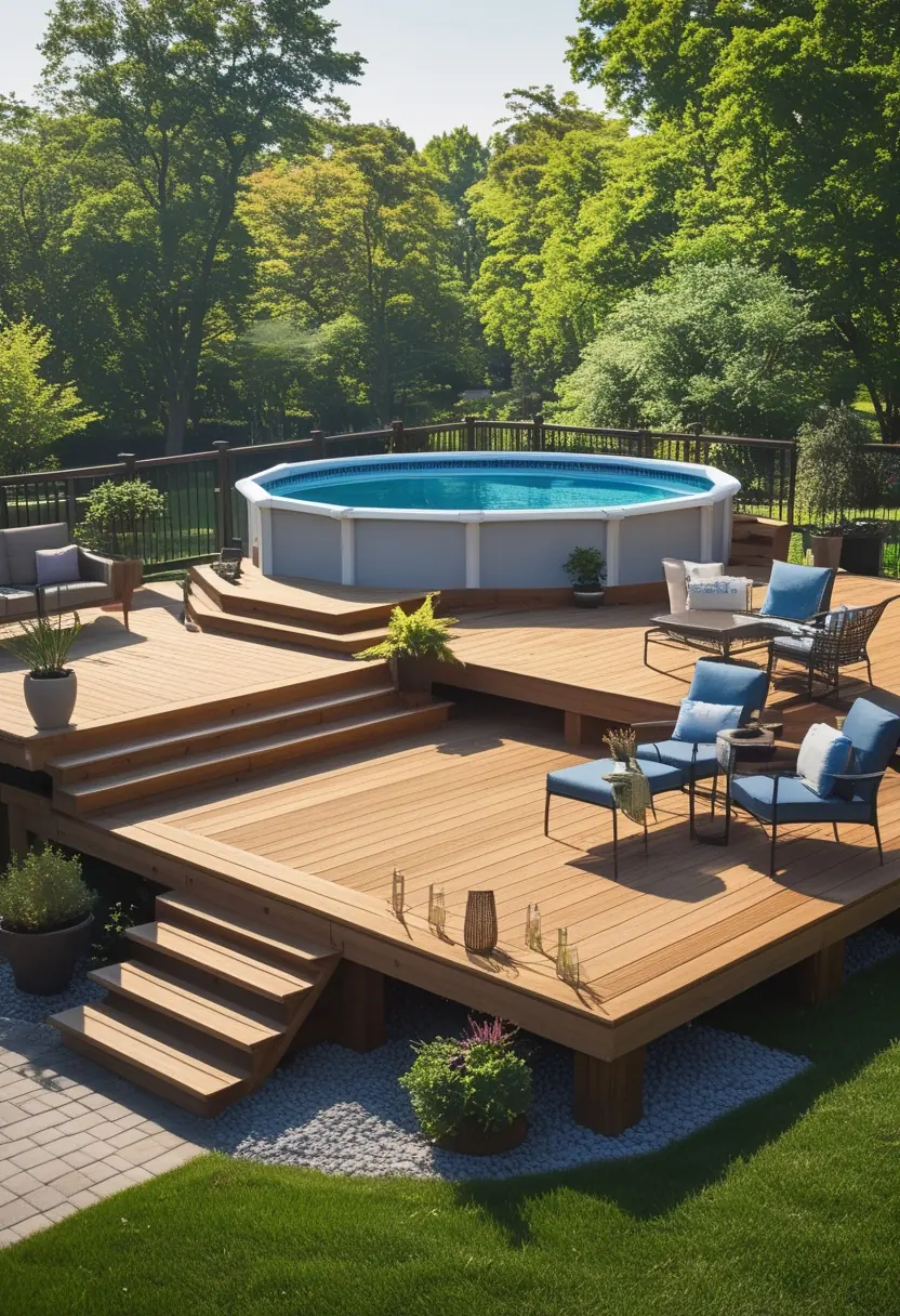 A backyard with a split-level wooden deck surrounding an above ground swimming pool, featuring outdoor seating and greenery.
