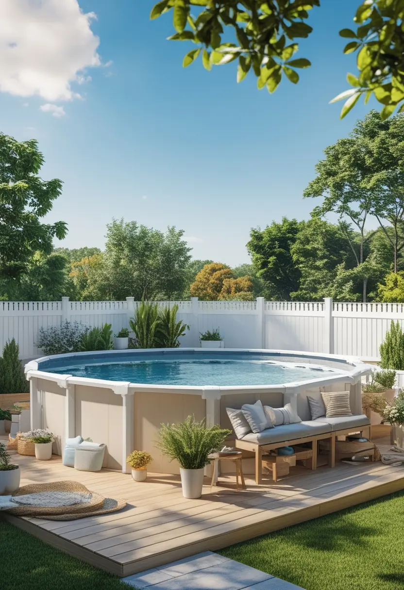 An above ground pool with a wooden deck surrounded by a white fence, outdoor seating, and plants under a sunny sky.