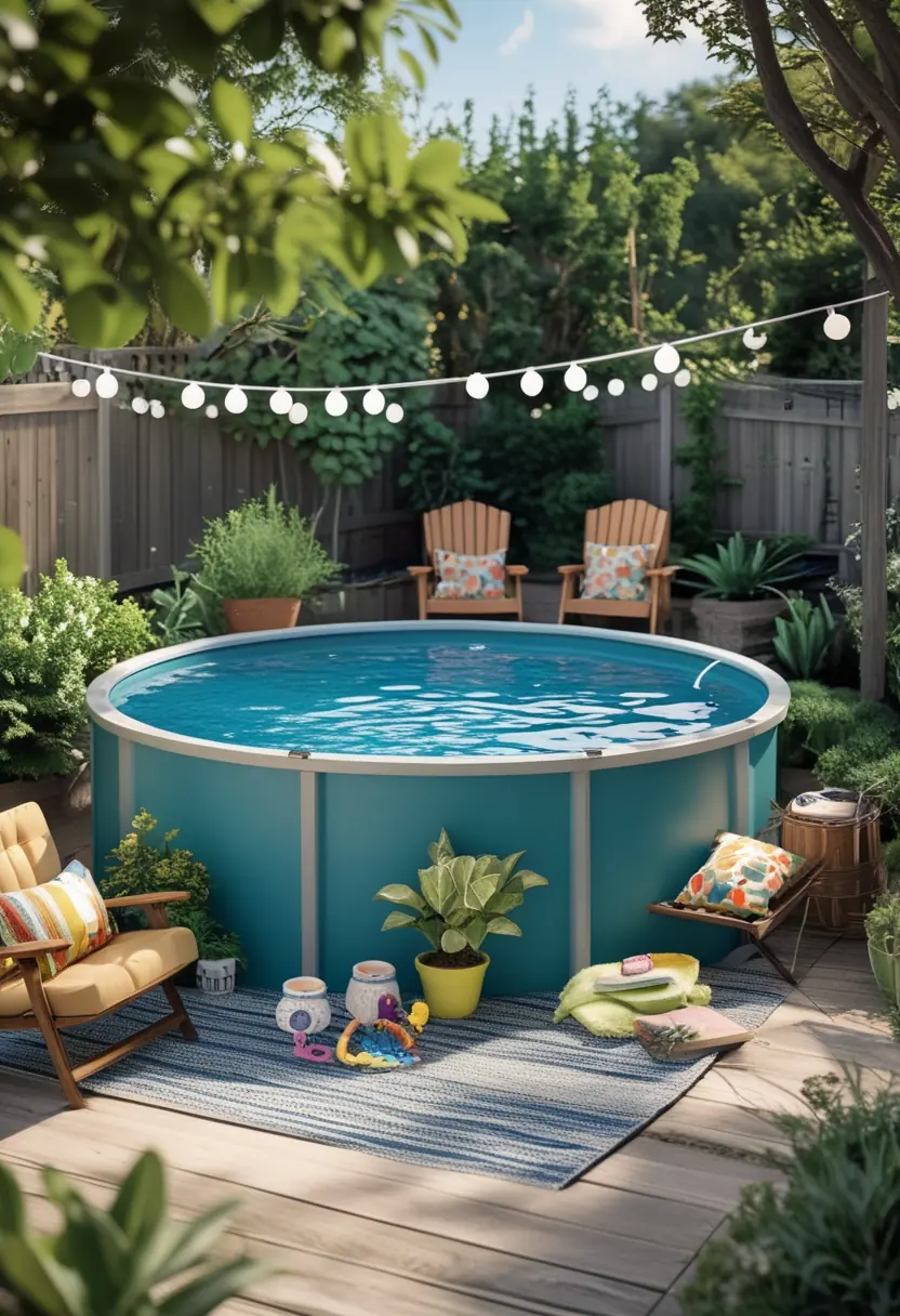 Backyard with an above ground stock tank pool surrounded by chairs, plants, and outdoor decorations on a sunny day.
