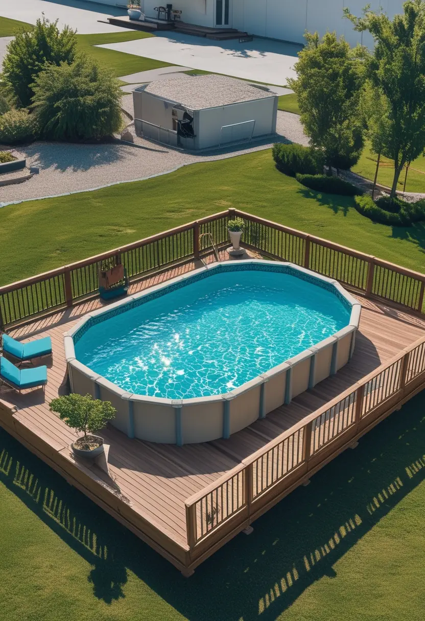Above ground swimming pool surrounded by a wooden deck with outdoor furniture, plants, and clear water on a sunny day.