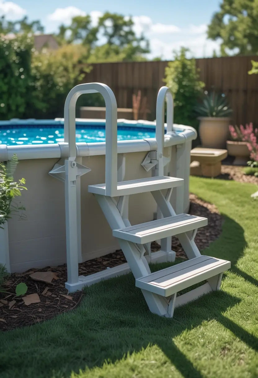 Backyard with an above ground pool and a set of stairs providing easy access to the pool.